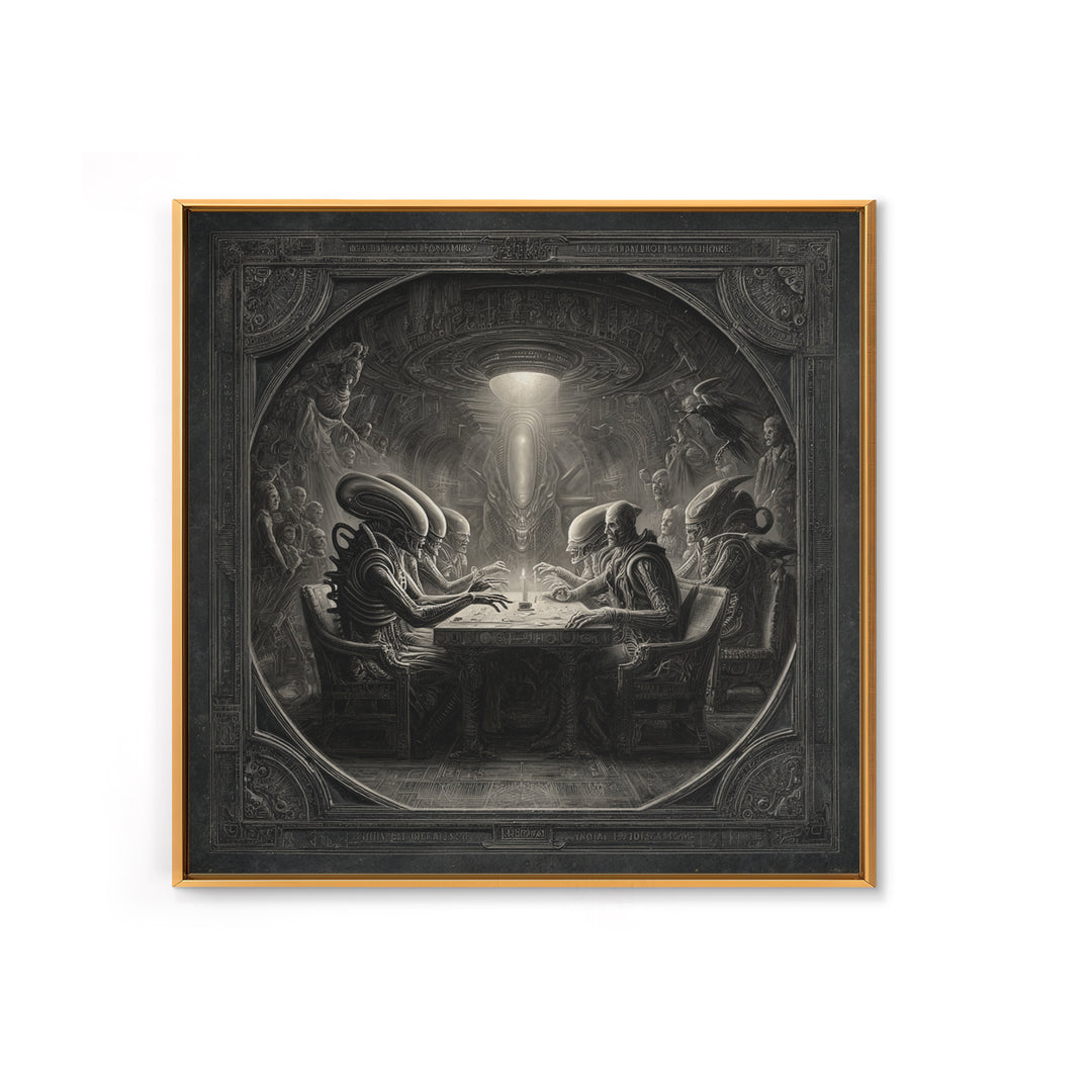 The Candlelit Seance, Biomechanical Horror Art, Square Wall Art, Macabre Wall Art, Framed Canvas Print, Halloween Wall Art