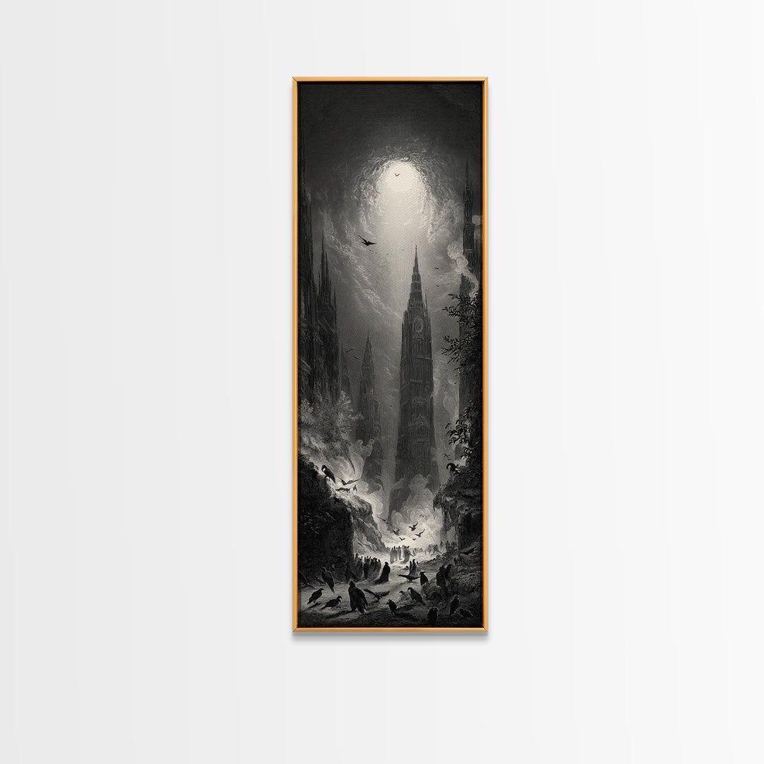 The Raven Funeral, Gothic Engraving Art, Tall Narrow Wall Art, Macabre Wall Art, Canvas Print, Halloween Wall Art, Gothic Home Decor