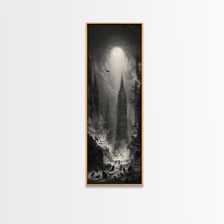 The Raven Funeral, Gothic Engraving Art, Tall Narrow Wall Art, Macabre Wall Art, Canvas Print, Halloween Wall Art, Gothic Home Decor