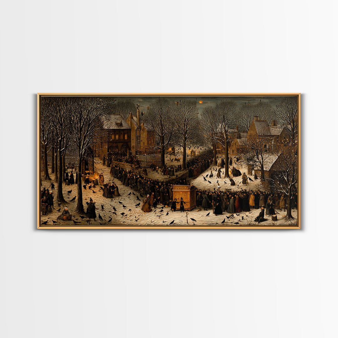 The Raven Funeral, Northern Renaissance Horror, Wide Panoramic Art, Macabre Wall Art, Framed Canvas Print, Halloween Wall Art