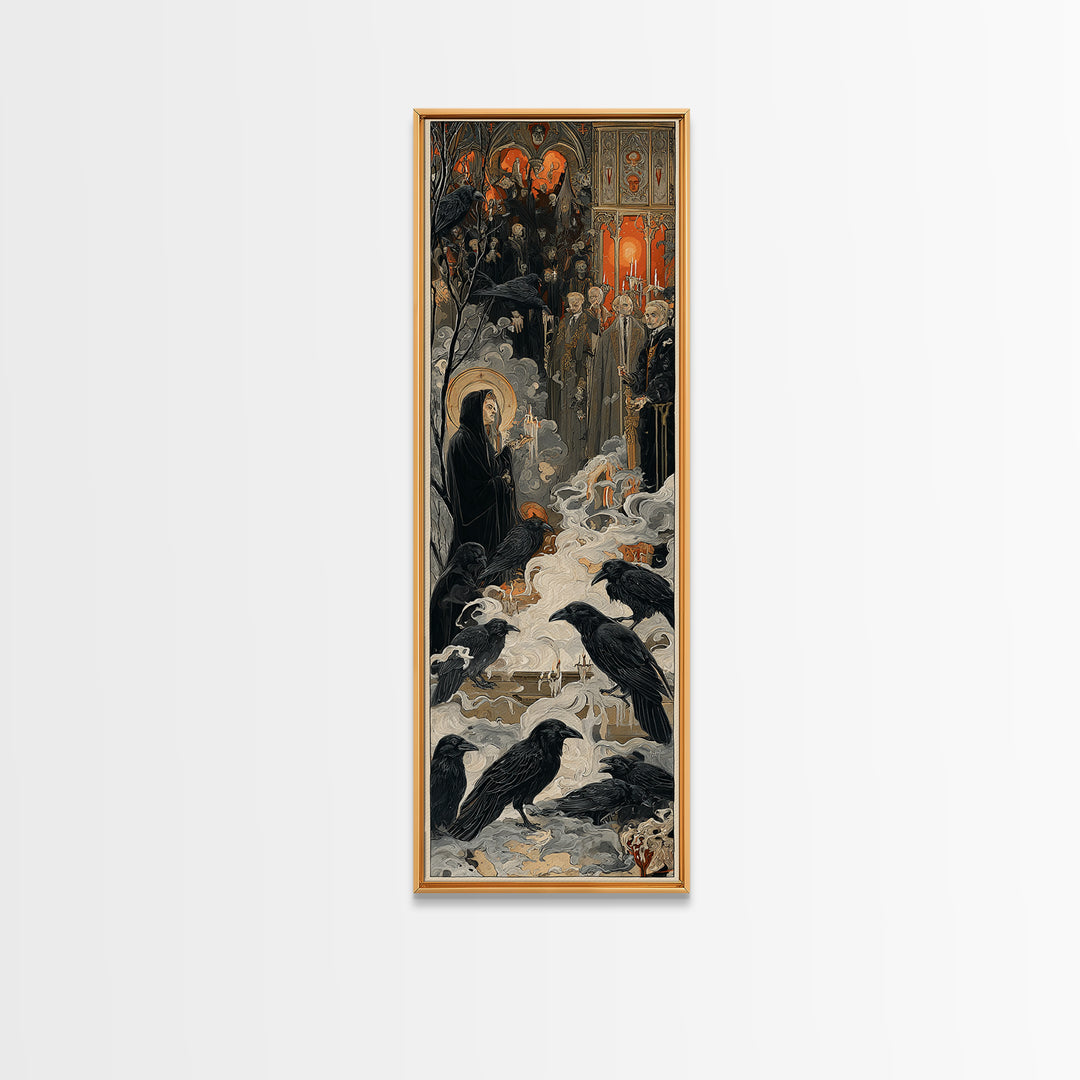 The Raven Funeral, Dark Renaissance Art, Tall Narrow Wall Art, Gothic Horror Wall Art, Canvas Print, Halloween Wall Art