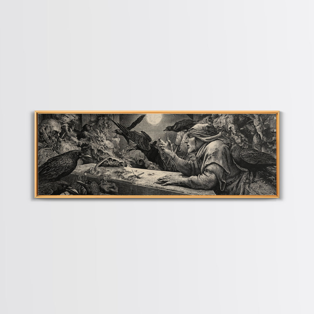 The Raven Funeral, Renaissance Engraving Art, Extra Wide Wall Art, Dark Fantasy Wall Art, Framed Canvas Print, Halloween Wall Art