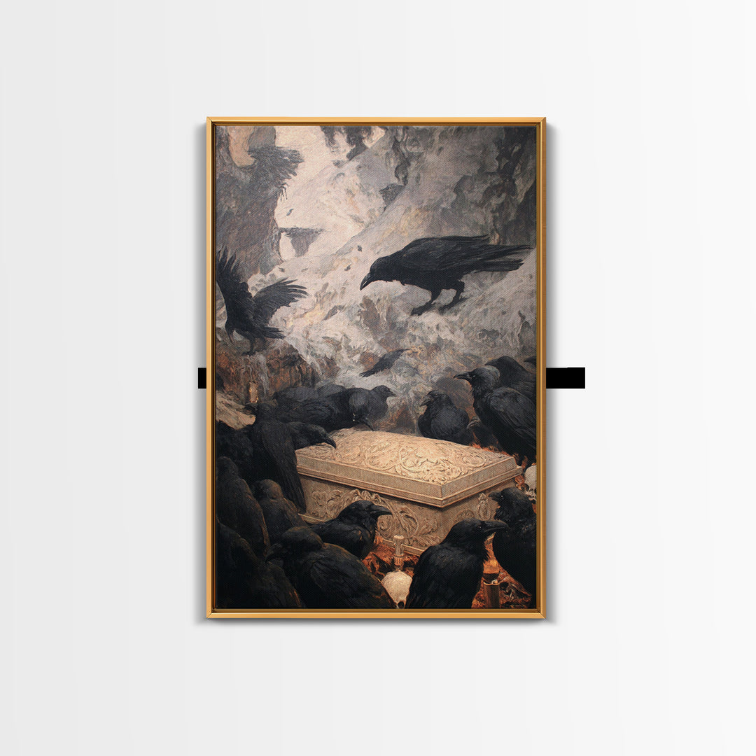 The Raven Funeral, Baroque Witchcraft Art, Vertical Wall Art, Macabre Wall Art, Framed Canvas Print, Halloween Wall Art