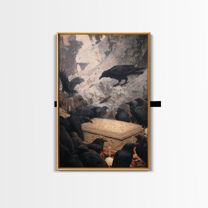 The Raven Funeral, Baroque Witchcraft Art, Vertical Wall Art, Macabre Wall Art, Framed Canvas Print, Halloween Wall Art