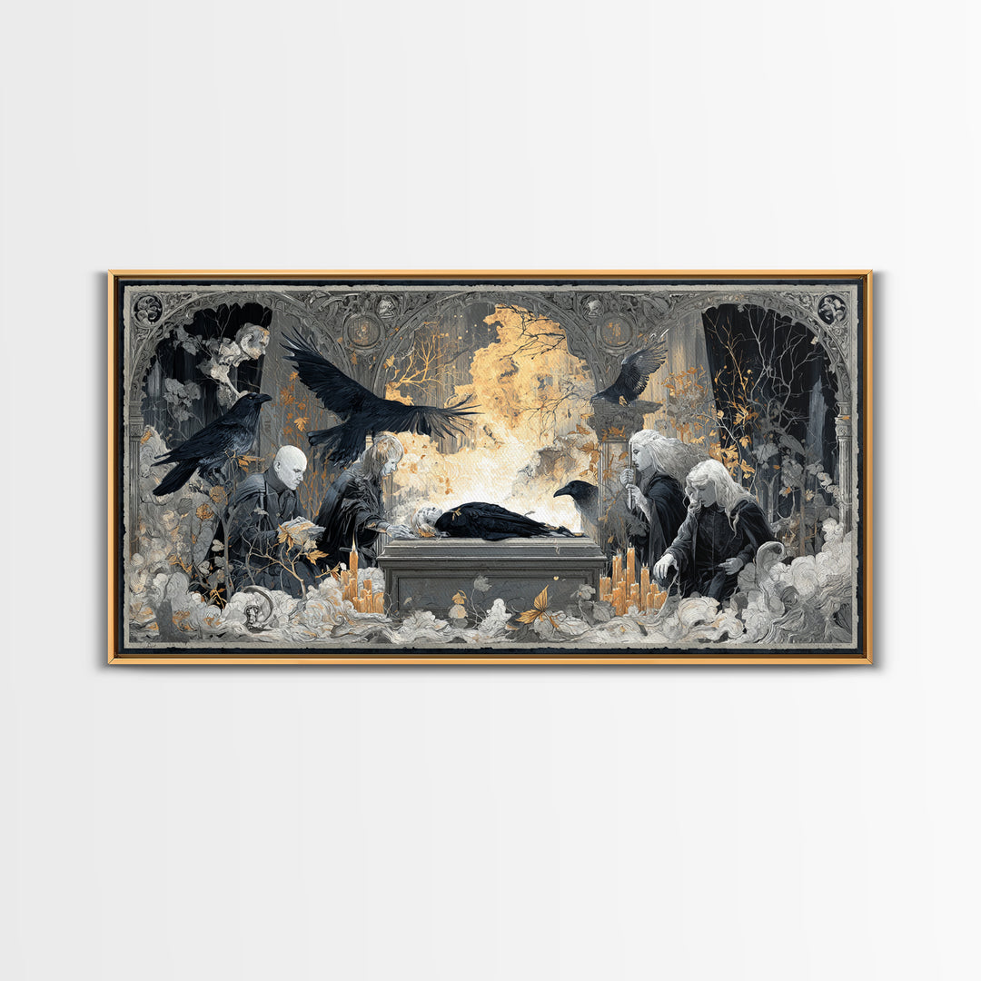 The Raven Funeral, Visionary Gothic Art, Wide Panoramic Art, Macabre Wall Art, Canvas Print, Halloween Wall Art