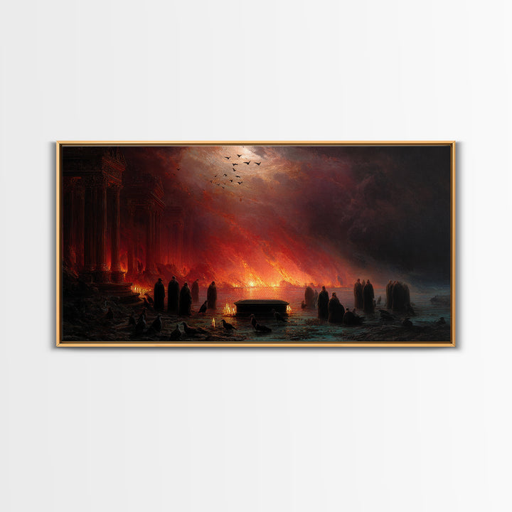 The Raven Funeral, Apocalyptic Romantic Art, Wide Panoramic Art, Macabre Wall Art, Framed Canvas Print, Halloween Wall Art