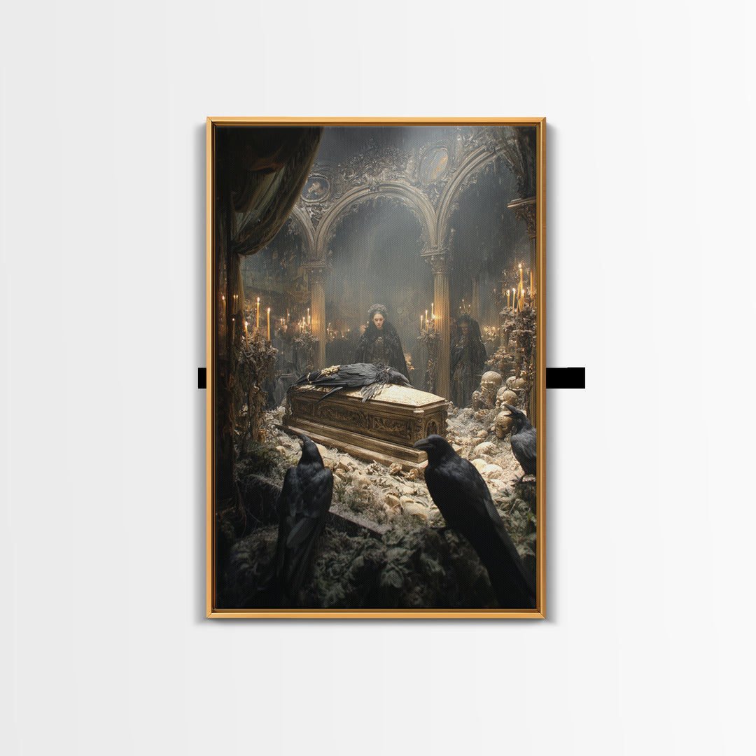 The Raven Funeral, Ornate Symbolist Art, Vertical Wall Art, Dark Halloween Decor, Framed Canvas Print, Halloween Wall Art