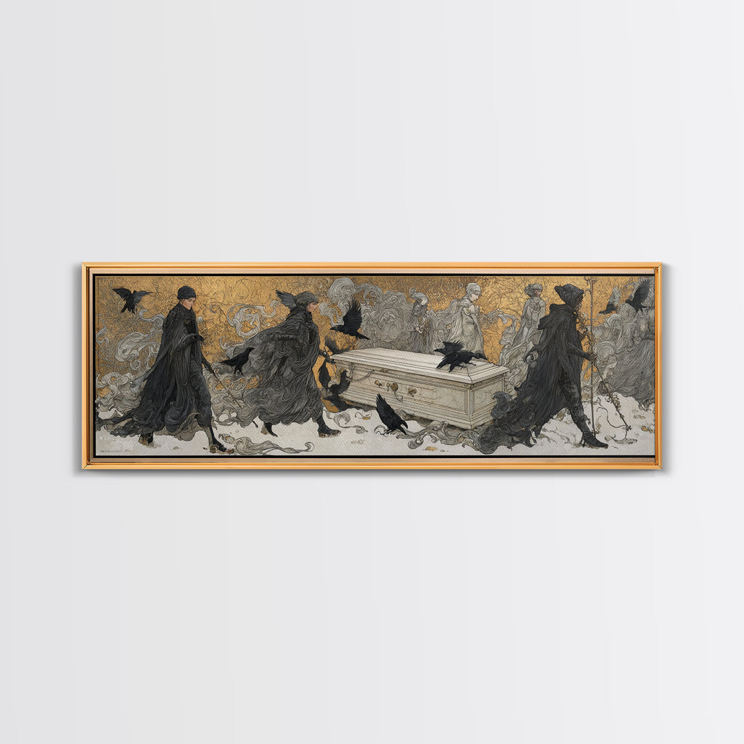 The Raven Funeral, Symbolist Death Art, Extra Wide Wall Art, Gothic Horror Wall Art, Canvas Print, Halloween Wall Art