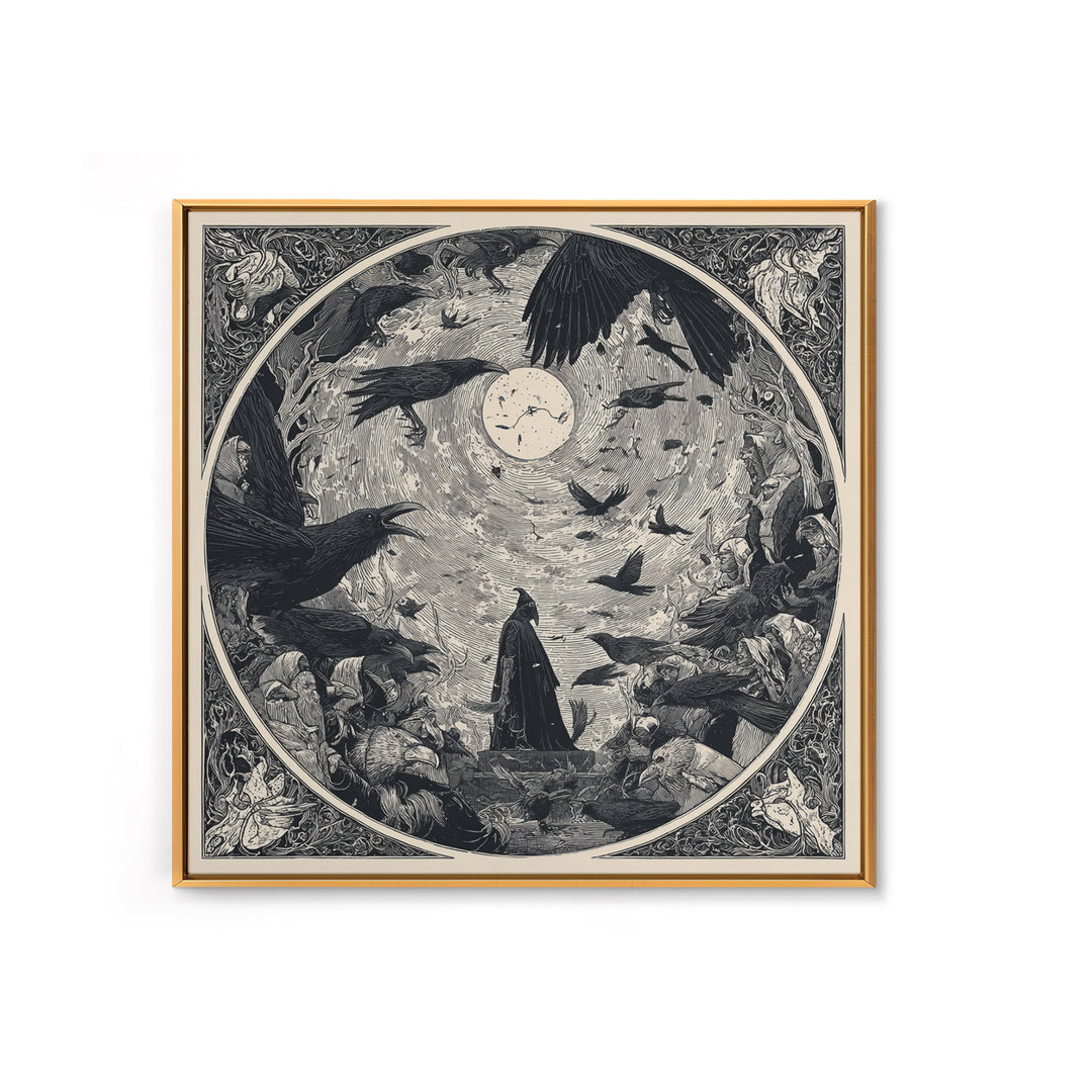 The Raven Funeral, Symbolist Etching Art, Square Wall Art, Dark Halloween Decor, Framed Canvas Print, Halloween Wall Art