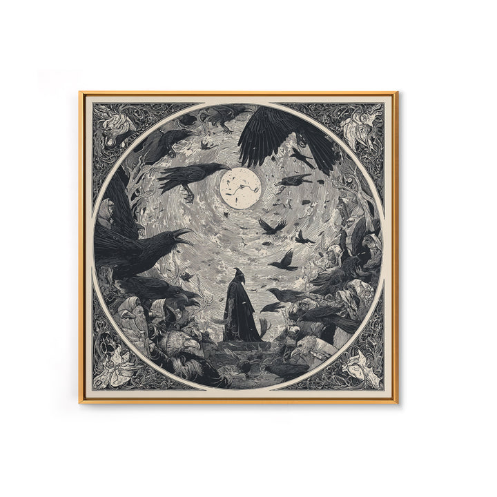 The Raven Funeral, Symbolist Etching Art, Square Wall Art, Dark Halloween Decor, Framed Canvas Print, Halloween Wall Art