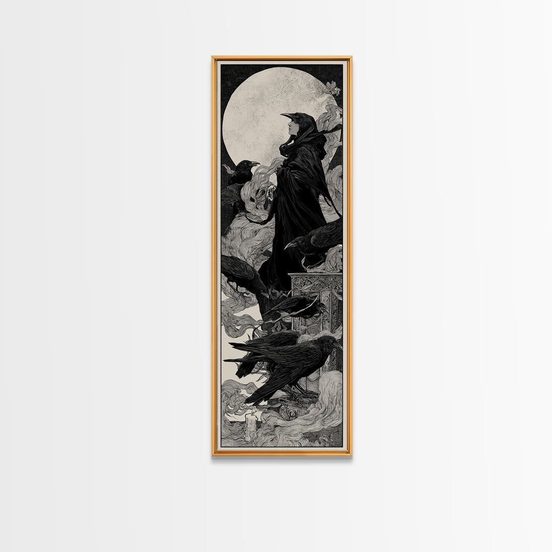 The Raven Funeral, Decadent Line Art, Tall Narrow Wall Art, Macabre Wall Art, Canvas Print, Halloween Wall Art