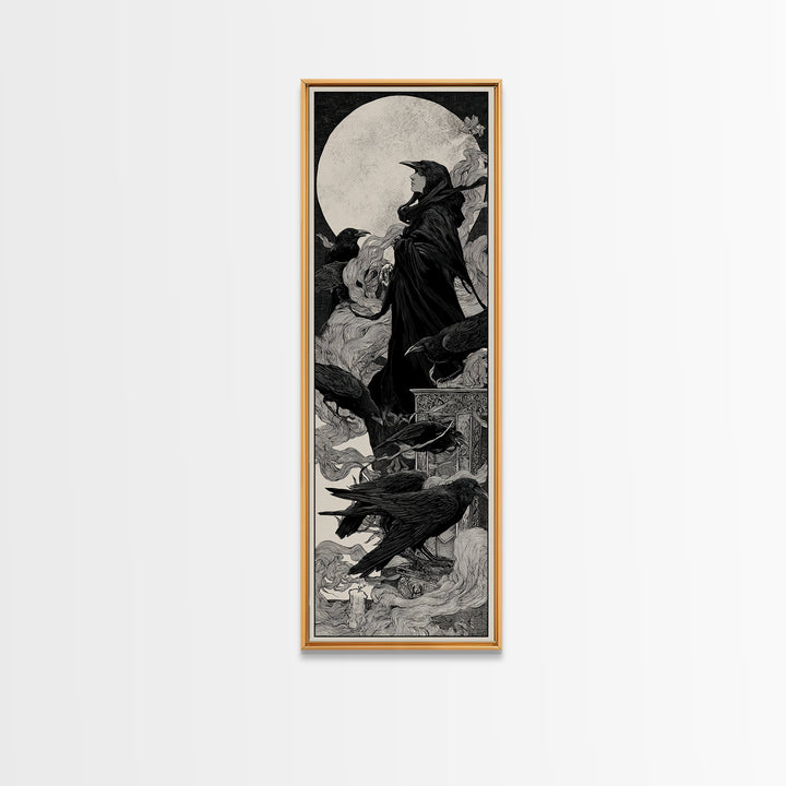 The Raven Funeral, Decadent Line Art, Tall Narrow Wall Art, Macabre Wall Art, Canvas Print, Halloween Wall Art
