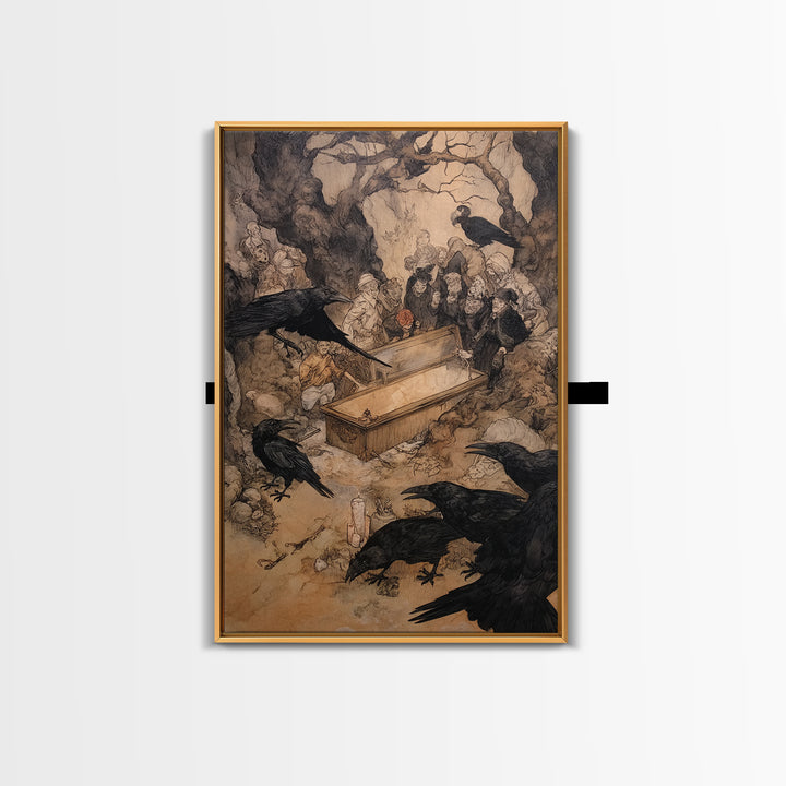 The Raven Funeral, Gothic Storybook Art, Vertical Wall Art, Macabre Wall Art, Canvas Print, Halloween Wall Art, Statement Wall Art