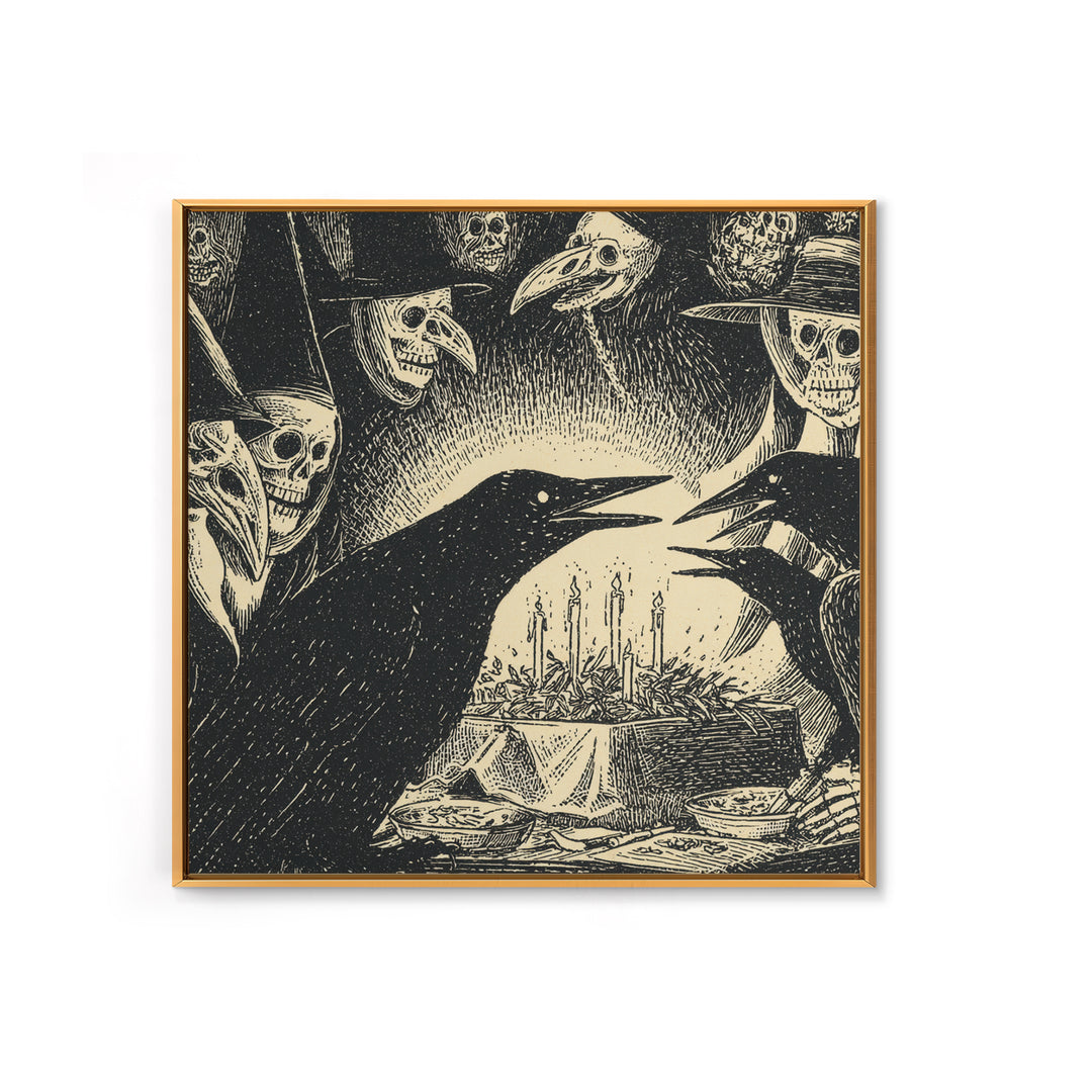 The Raven Funeral, Macabre Folk Print Art, Square Wall Art, Macabre Wall Art, Framed Canvas Print, Halloween Wall Art
