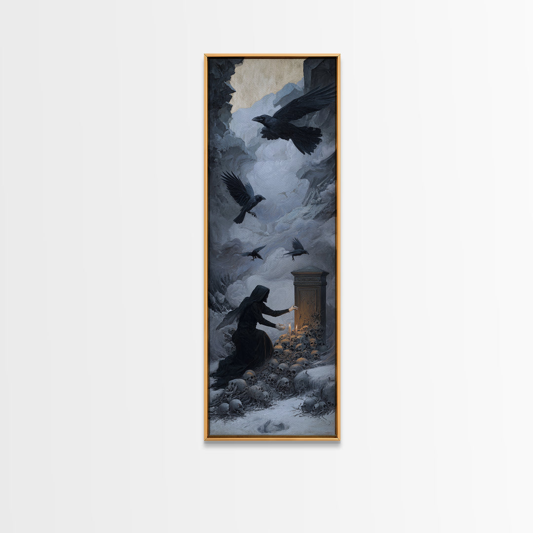 The Raven Funeral, Surreal Apocalyptic Art, Tall Narrow Wall Art, Dark Fantasy Wall Art, Framed Canvas Print, Halloween Wall Art