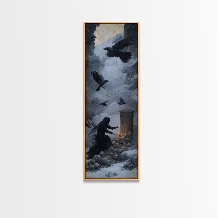 The Raven Funeral, Surreal Apocalyptic Art, Tall Narrow Wall Art, Dark Fantasy Wall Art, Framed Canvas Print, Halloween Wall Art