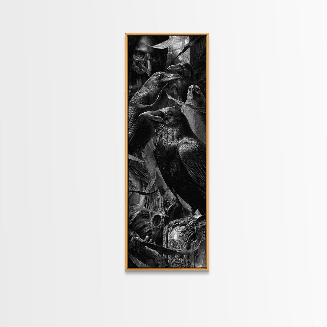The Raven Funeral, Biomechanical Horror Art, Tall Narrow Wall Art, Macabre Wall Art, Framed Canvas Print, Halloween Wall Art
