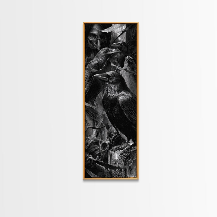 The Raven Funeral, Biomechanical Horror Art, Tall Narrow Wall Art, Macabre Wall Art, Framed Canvas Print, Halloween Wall Art