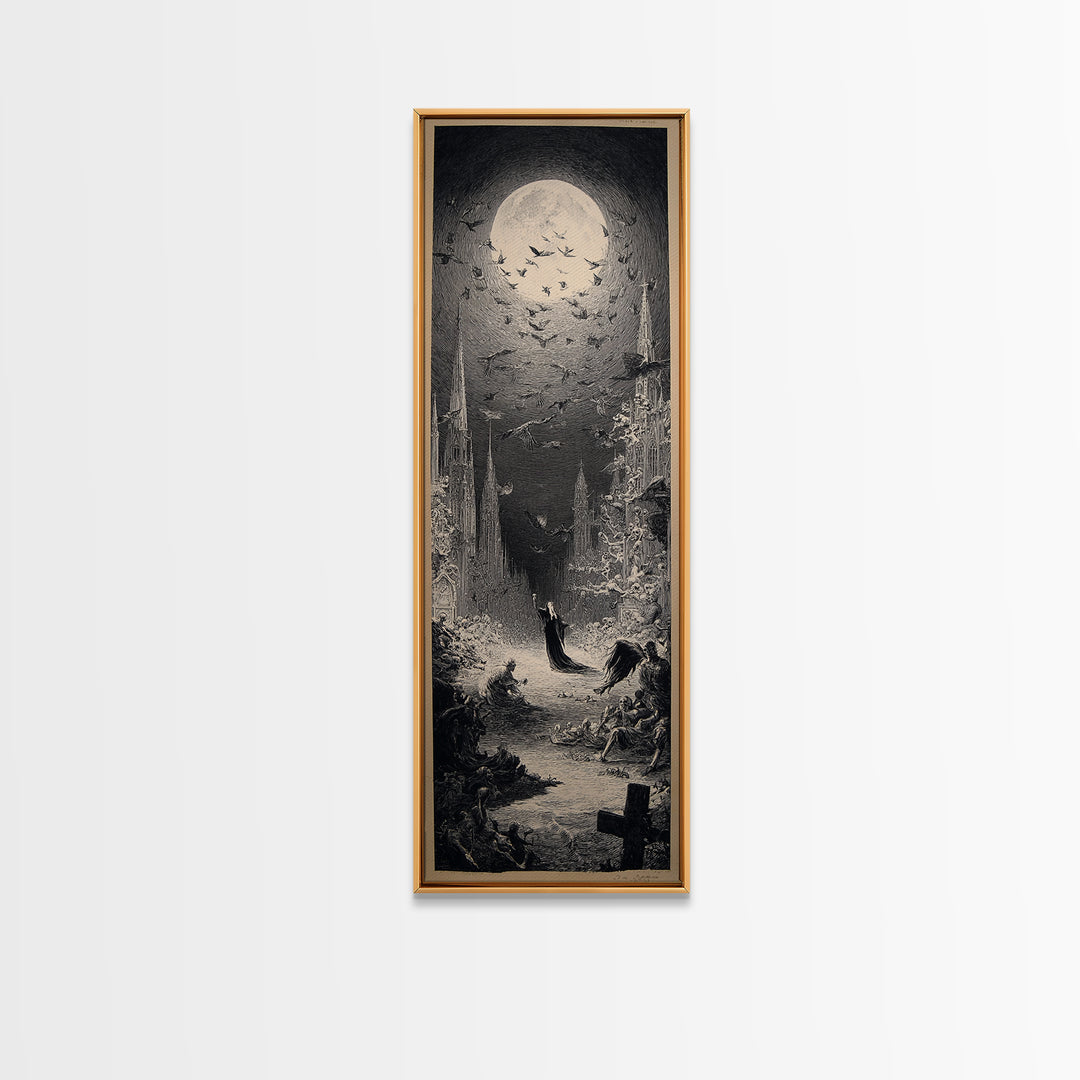 The Graveyard Dance, Gothic Engraving Art, Tall Narrow Wall Art, Dark Halloween Decor, Canvas Print, Halloween Wall Art