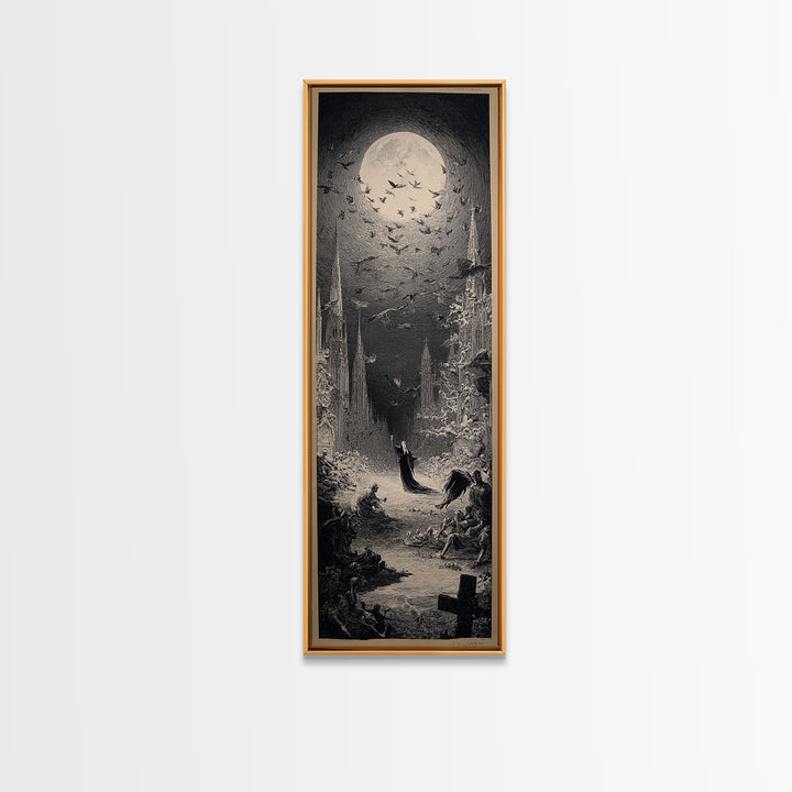 The Graveyard Dance, Gothic Engraving Art, Tall Narrow Wall Art, Dark Halloween Decor, Canvas Print, Halloween Wall Art