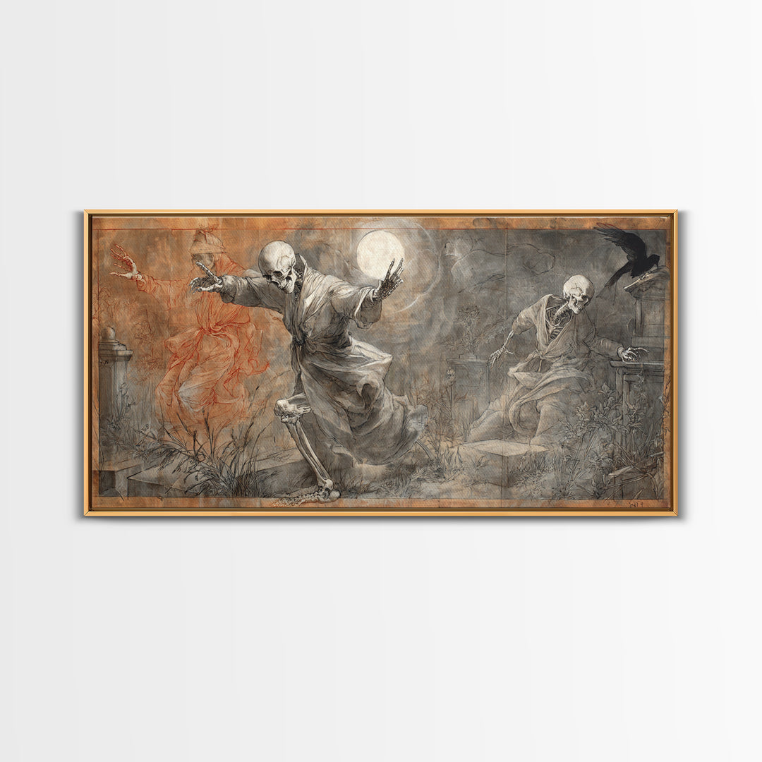 The Graveyard Dance, Dark Renaissance Art, Wide Panoramic Art, Macabre Wall Art, Framed Canvas Print, Halloween Wall Art