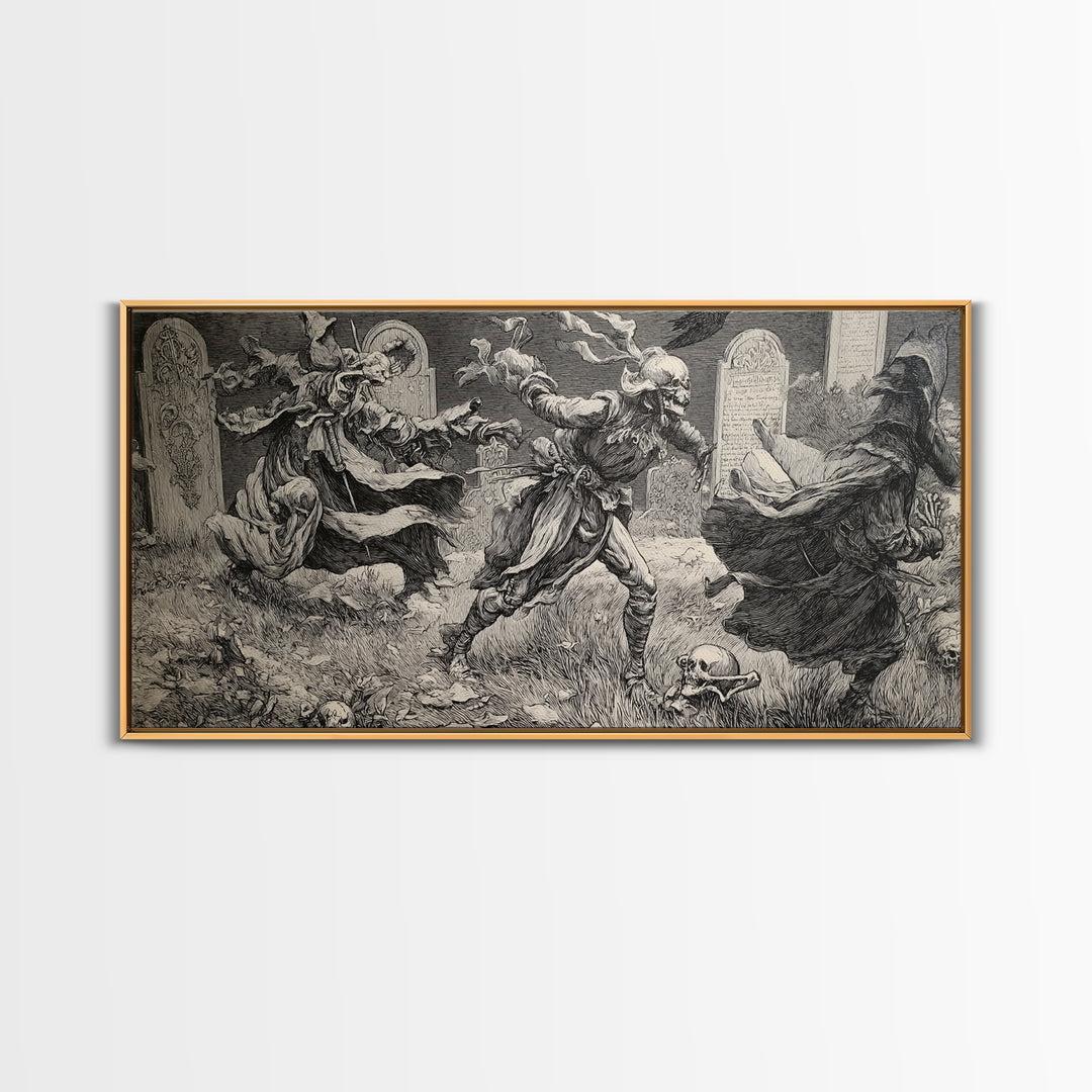 The Graveyard Dance, Renaissance Engraving Art, Wide Panoramic Art, Gothic Horror Wall Art, Canvas Print, Halloween Wall Art