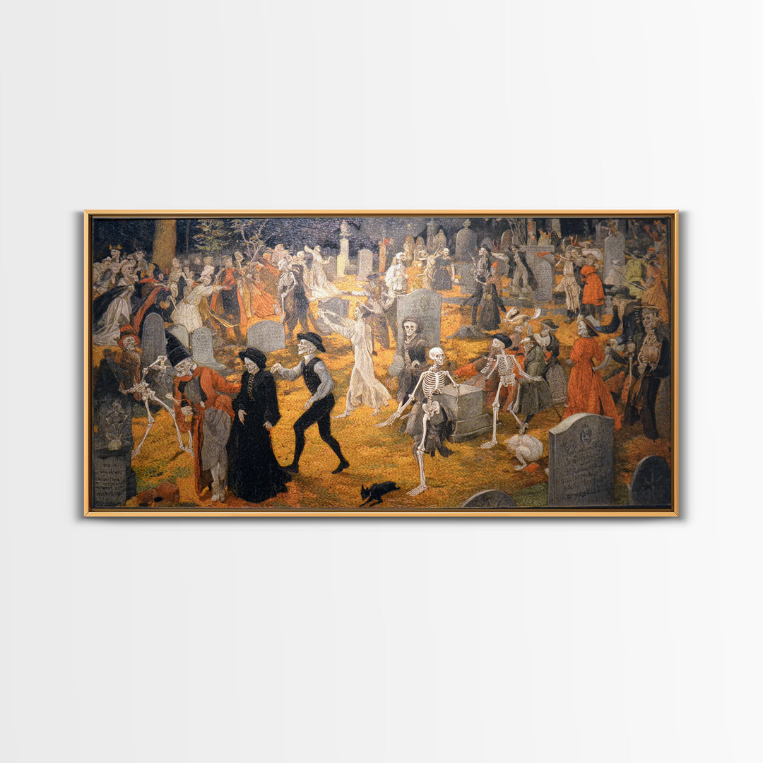The Graveyard Dance, Danse Macabre Art, Wide Panoramic Art, Macabre Wall Art, Canvas Print, Halloween Wall Art