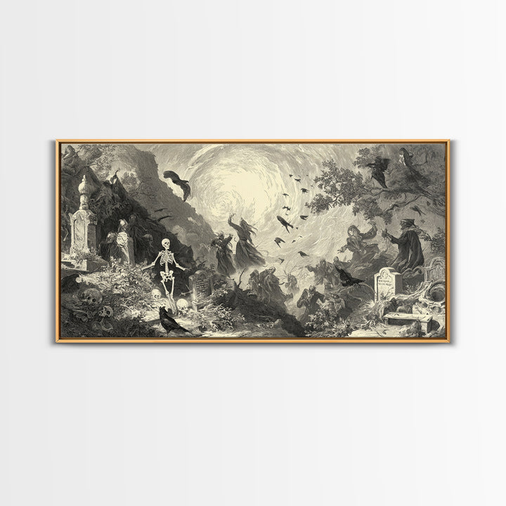 The Graveyard Dance, Baroque Witchcraft Art, Wide Panoramic Art, Gothic Horror Wall Art, Framed Canvas Print, Halloween Wall Art