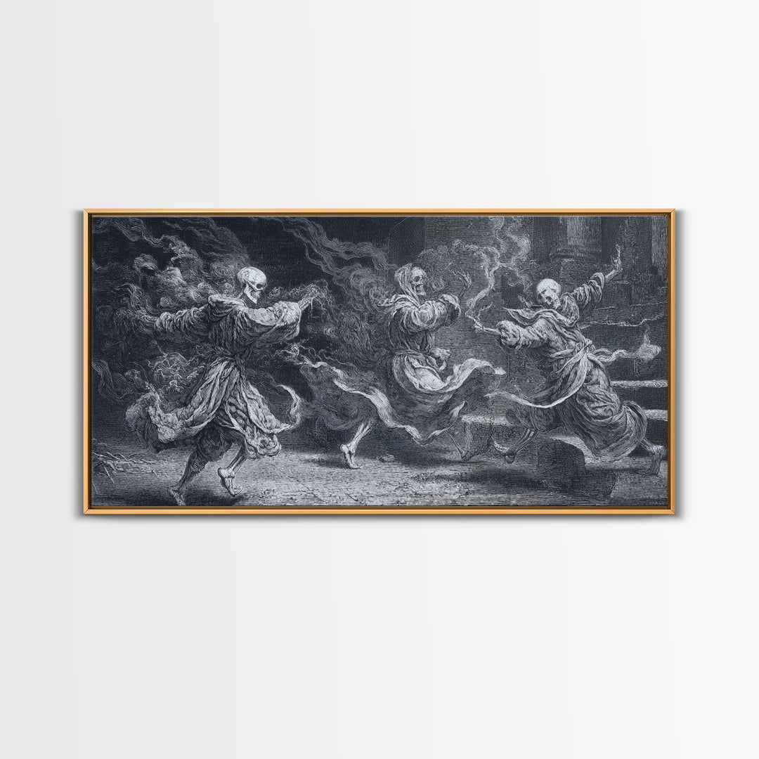 The Graveyard Dance, Architectural Etching Art, Wide Panoramic Art, Gothic Horror Wall Art, Framed Canvas Print