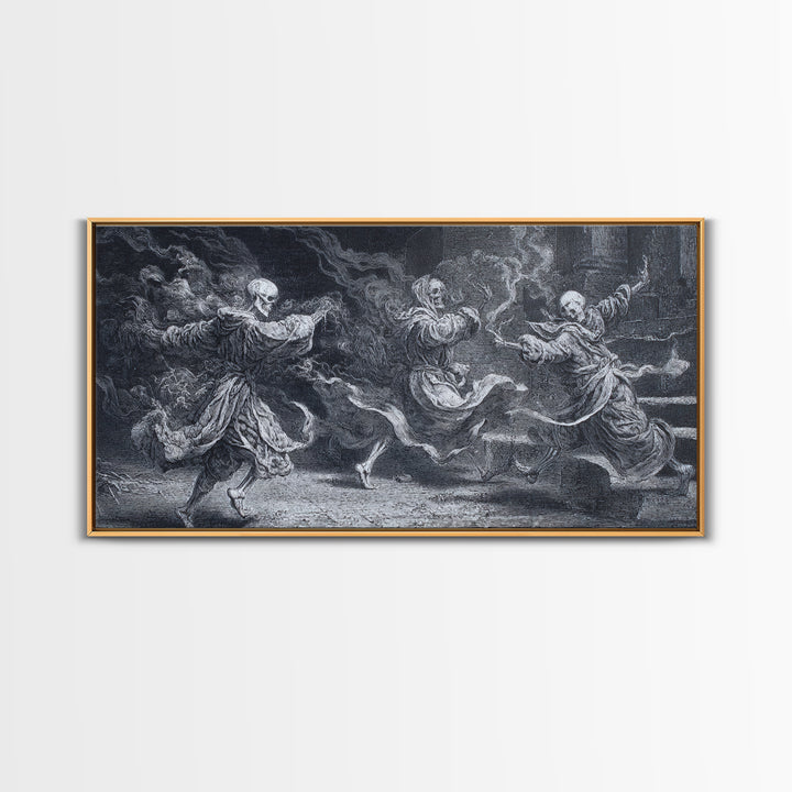 The Graveyard Dance, Architectural Etching Art, Wide Panoramic Art, Gothic Horror Wall Art, Framed Canvas Print