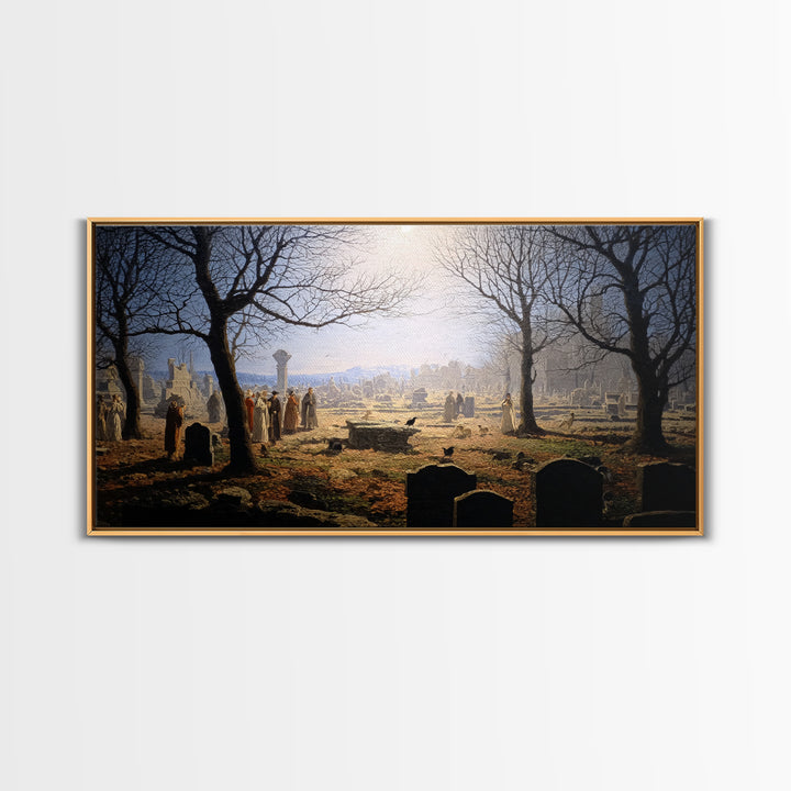 The Graveyard Dance, Romantic Gothic Landscape, Wide Panoramic Art, Dark Fantasy Wall Art, Canvas Print, Halloween Wall Art