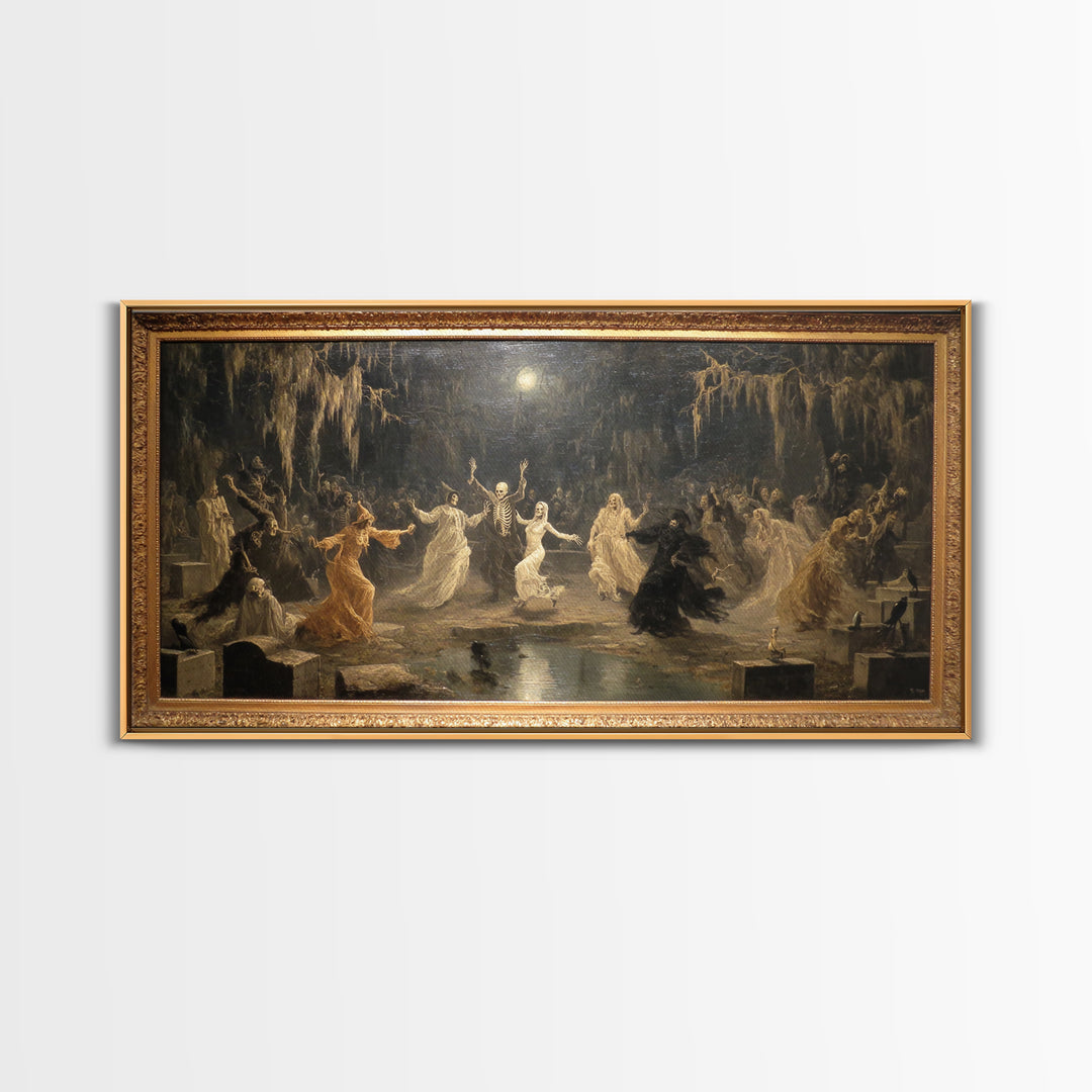 The Graveyard Dance, Symbolist Gothic Landscape, Wide Panoramic Art, Macabre Wall Art, Framed Canvas Print, Halloween Wall Art