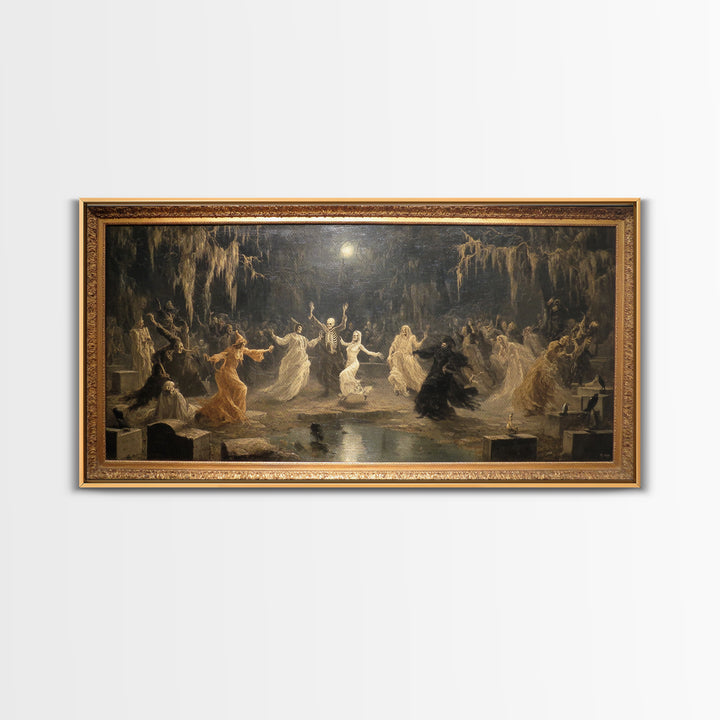 The Graveyard Dance, Symbolist Gothic Landscape, Wide Panoramic Art, Macabre Wall Art, Framed Canvas Print, Halloween Wall Art