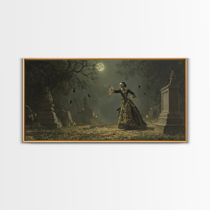 The Graveyard Dance, Ornate Symbolist Art, Wide Panoramic Art, Dark Fantasy Wall Art, Canvas Print, Halloween Wall Art