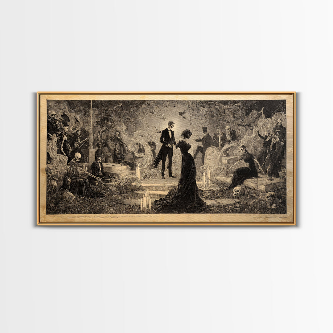 The Graveyard Dance, Dark Symbolist Art, Wide Panoramic Art, Dark Halloween Decor, Framed Canvas Print, Halloween Wall Art