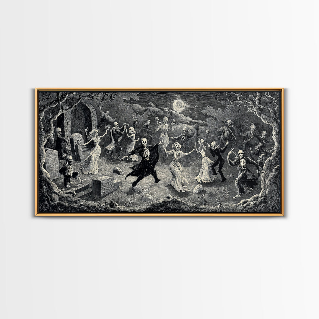 The Graveyard Dance, Expressionist Nightmare Art, Wide Panoramic Art, Dark Fantasy Wall Art, Framed Canvas Print, Halloween Wall Art
