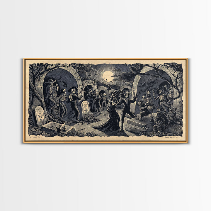 The Graveyard Dance, Macabre Folk Print Art, Wide Panoramic Art, Macabre Wall Art, Canvas Print, Halloween Wall Art