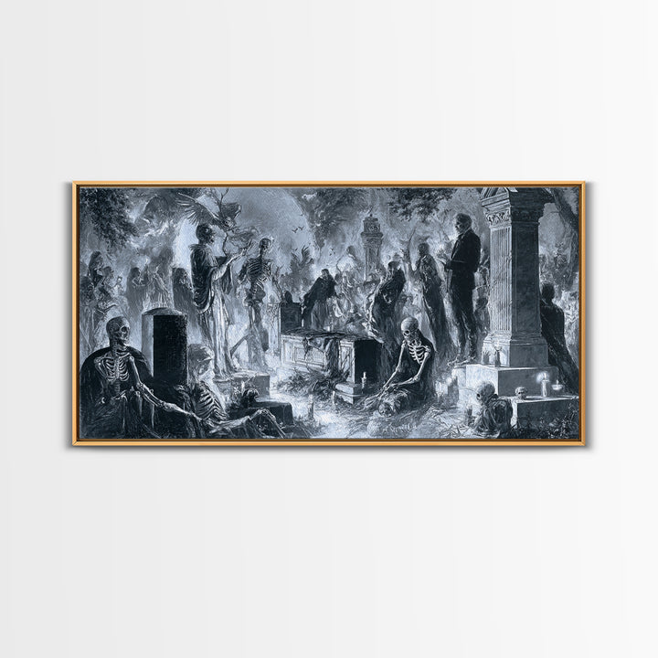 The Graveyard Dance, Biomechanical Horror Art, Wide Panoramic Art, Macabre Wall Art, Framed Canvas Print, Halloween Wall Art