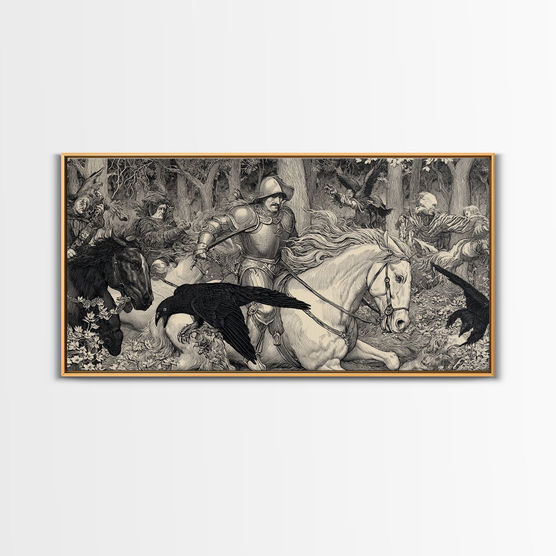 The Haunted Hayride, Renaissance Engraving Art, Wide Panoramic Art, Gothic Horror Wall Art, Framed Canvas Print, Halloween Wall Art