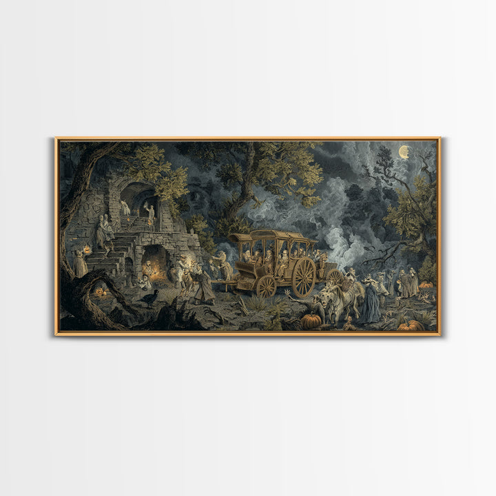 The Haunted Hayride, Architectural Etching Art, Wide Panoramic Art, Dark Fantasy Wall Art, Framed Canvas Print