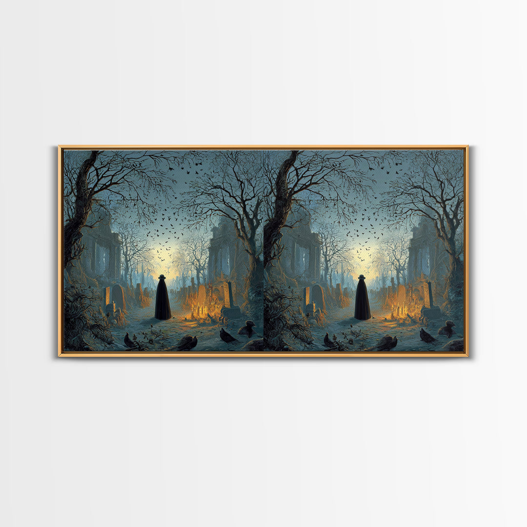 The Haunted Hayride, Romantic Gothic Landscape, Wide Panoramic Art, Dark Fantasy Wall Art, Framed Canvas Print, Halloween Wall Art