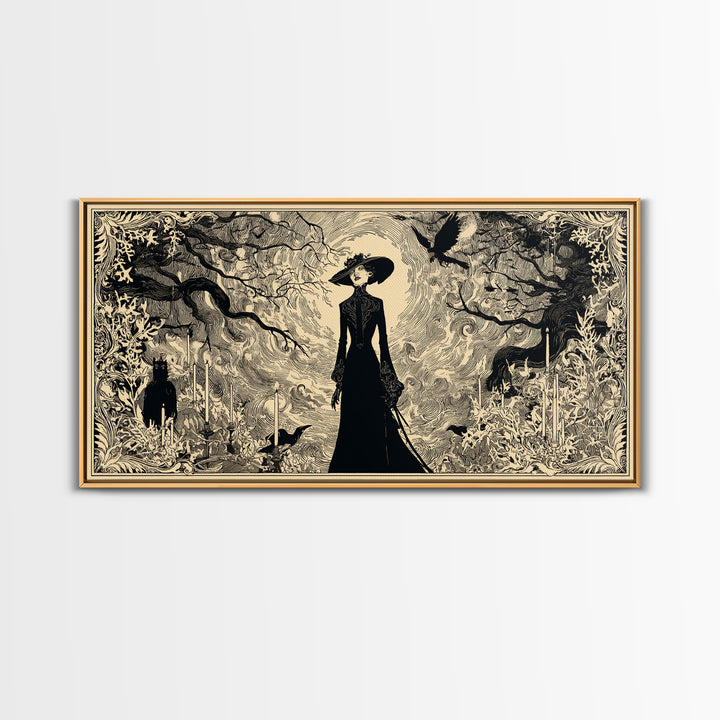 The Haunted Hayride, Decadent Line Art, Wide Panoramic Art, Dark Fantasy Wall Art, Canvas Print, Halloween Wall Art