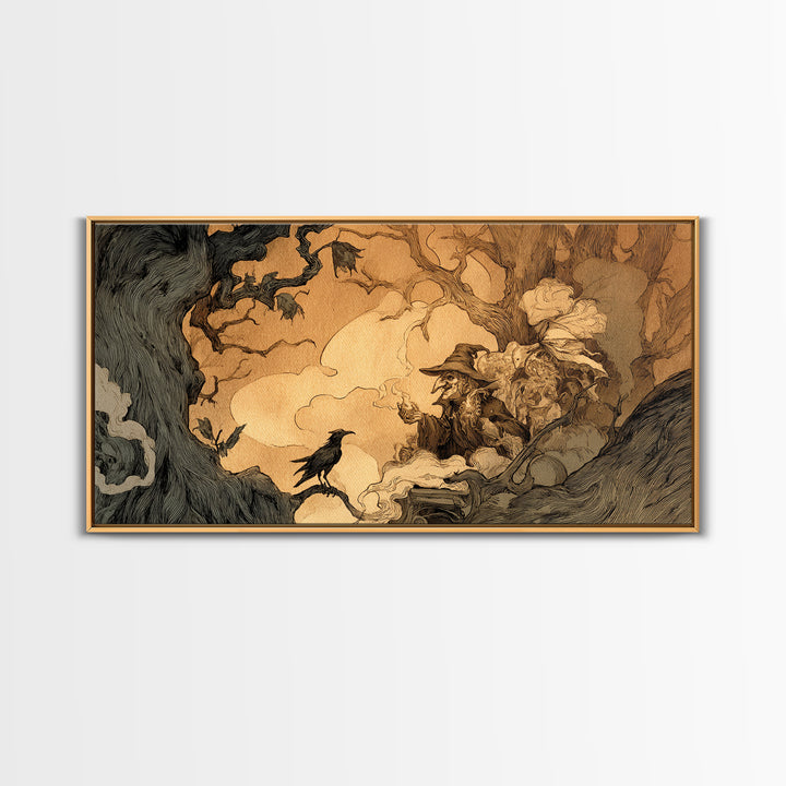 The Haunted Hayride, Gothic Storybook Art, Wide Panoramic Art, Dark Halloween Decor, Framed Canvas Print, Halloween Wall Art