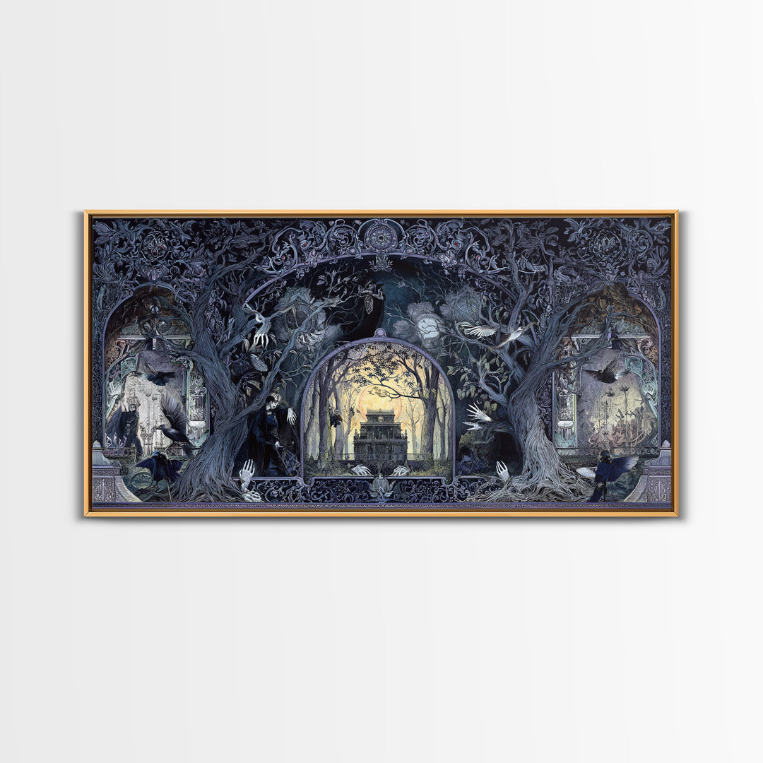 The Haunted Hayride, Stained Glass Gothic Art, Wide Panoramic Art, Gothic Horror Wall Art, Framed Canvas Print, Halloween Wall Art