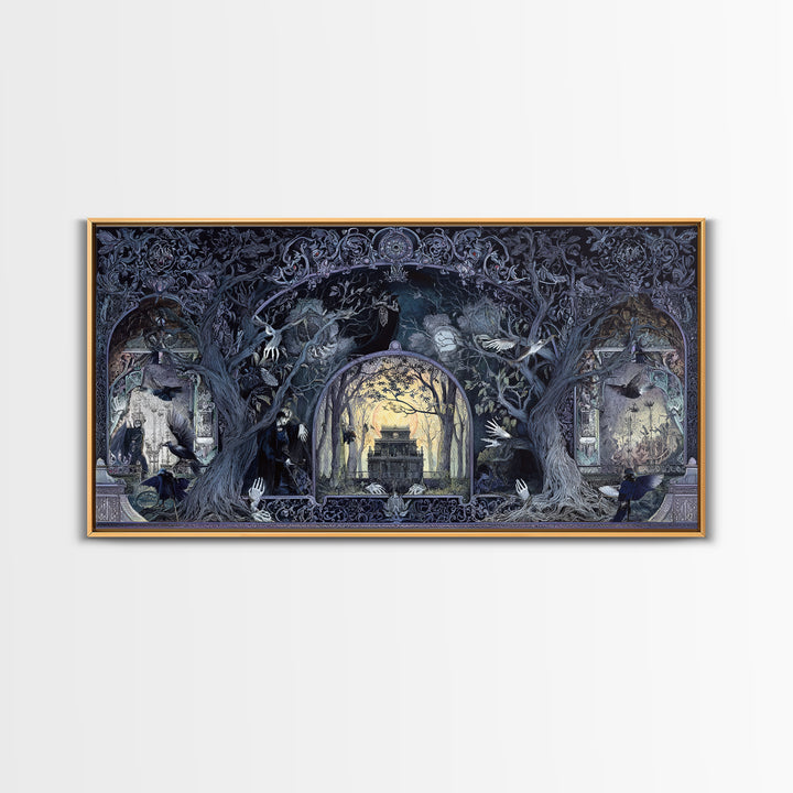 The Haunted Hayride, Stained Glass Gothic Art, Wide Panoramic Art, Gothic Horror Wall Art, Framed Canvas Print, Halloween Wall Art