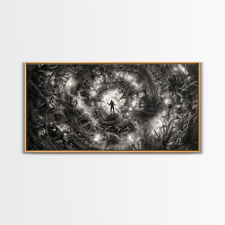 The Haunted Hayride, Biomechanical Horror Art, Wide Panoramic Art, Macabre Wall Art, Framed Canvas Print, Halloween Wall Art