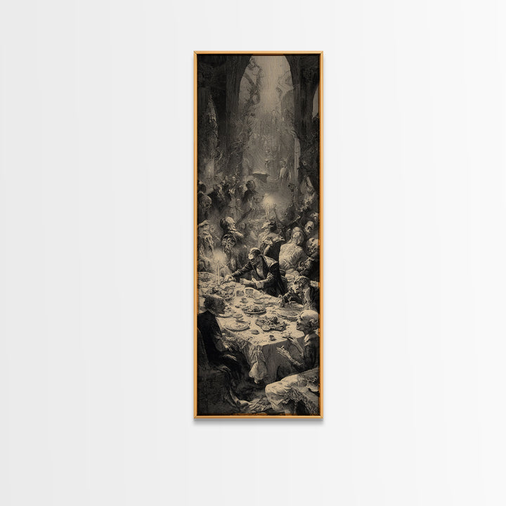 The Zombie Picnic, Gothic Engraving Art, Tall Narrow Wall Art, Dark Halloween Decor, Canvas Print, Halloween Wall Art