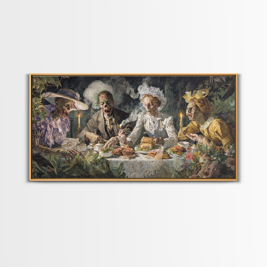 The Zombie Picnic, Dark Renaissance Art, Wide Panoramic Art, Dark Fantasy Wall Art, Framed Canvas Print, Halloween Wall Art