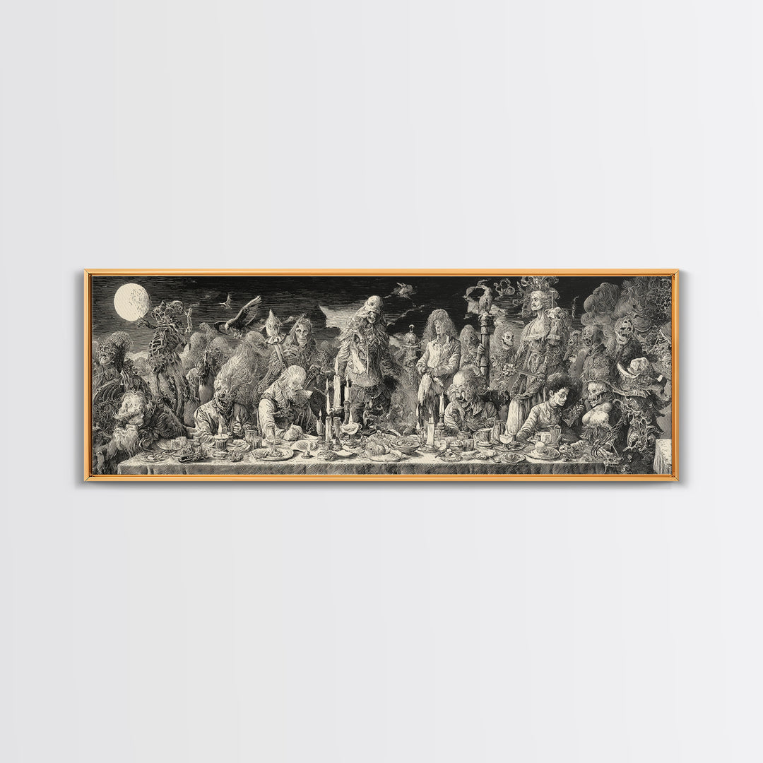 The Zombie Picnic, Renaissance Engraving Art, Extra Wide Wall Art, Dark Halloween Decor, Framed Canvas Print, Halloween Wall Art