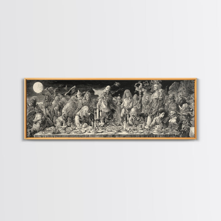 The Zombie Picnic, Renaissance Engraving Art, Extra Wide Wall Art, Dark Halloween Decor, Framed Canvas Print, Halloween Wall Art